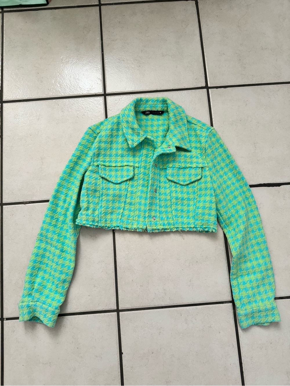 Zara Cropped Houndstooth Jacket in Aqua and Lime